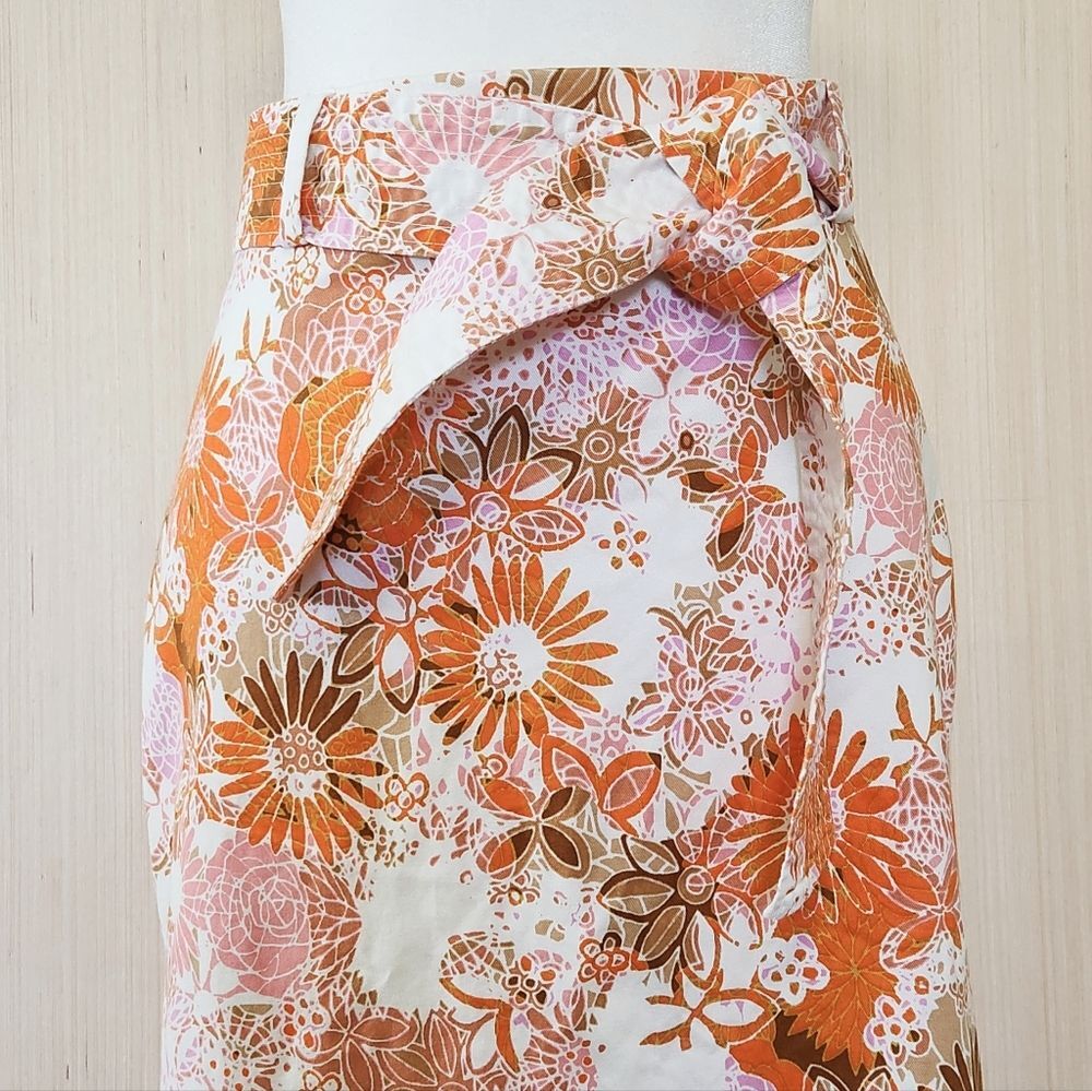 Nordstrom 1901 Retro Orange Pink Floral Belted Straight Pencil Skirt Size 8 Boho - Picture 2 of 10